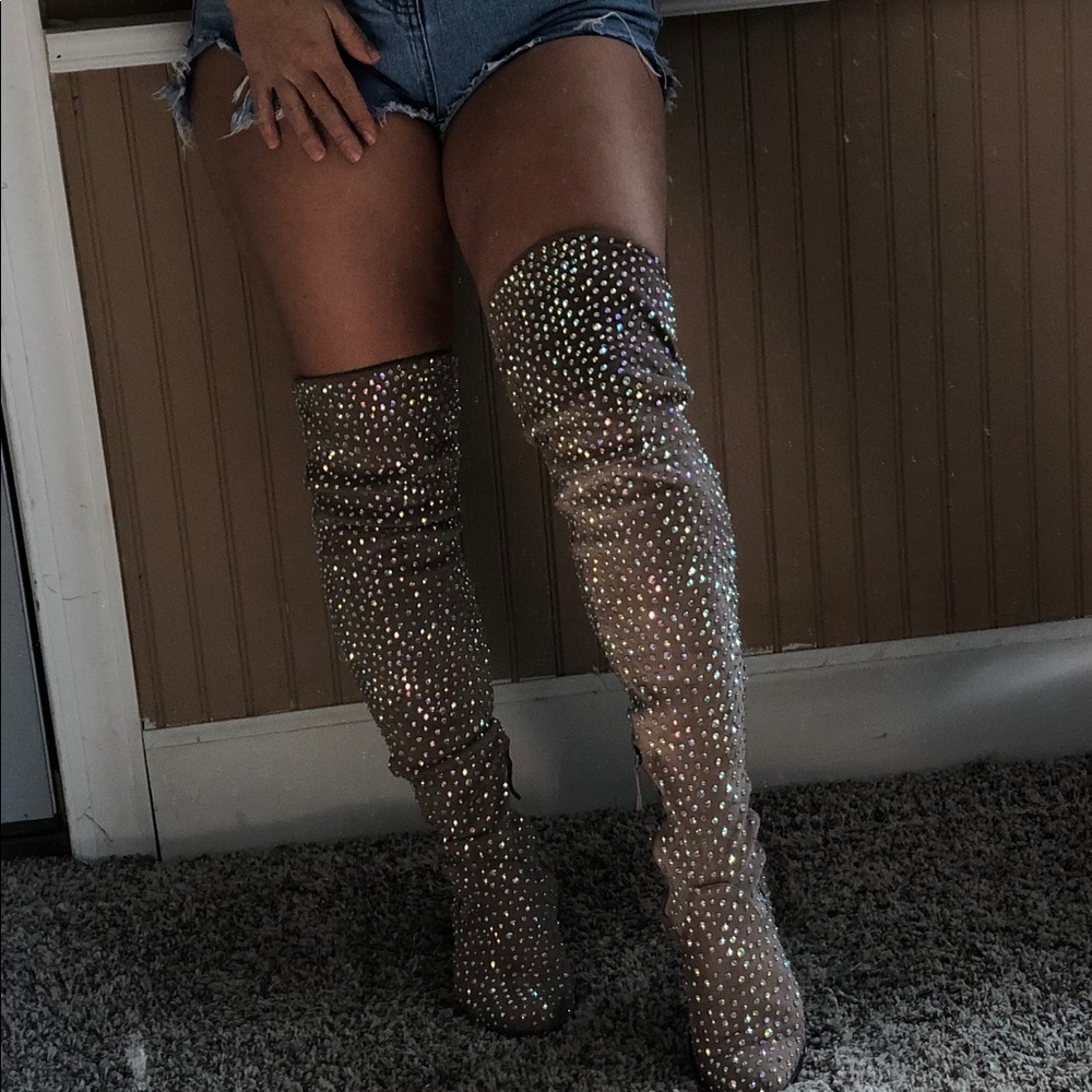 Thigh high boots rhinestone tan AB crystal